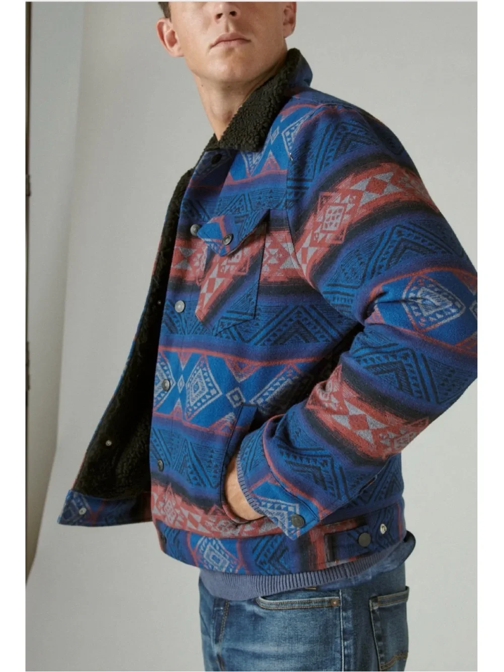Lucky Brand Men’s Stripe Sherpa Lined Trucker Jacket Aztec Southwest Large